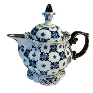 Bombay Co Summerhill Cobalt Blue, White, Gold Trim Porcelain Teapot Chinoiserie